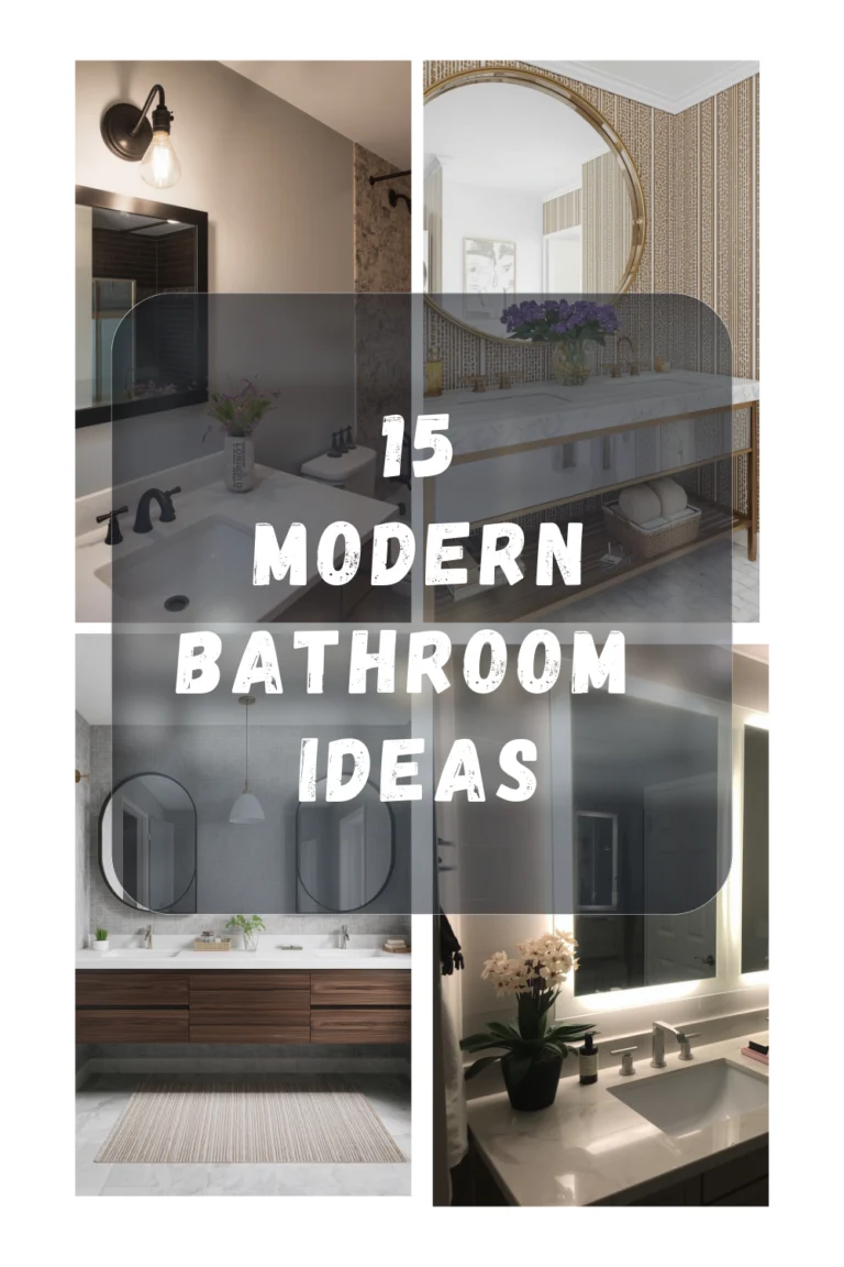 Collage of modern bathroom decor ideas featuring minimalist sinks, stylish mirrors, and elegant lighting, overlaid with bold text “15 Modern bathroom Ideas” – perfect inspiration for a contemporary home makeover