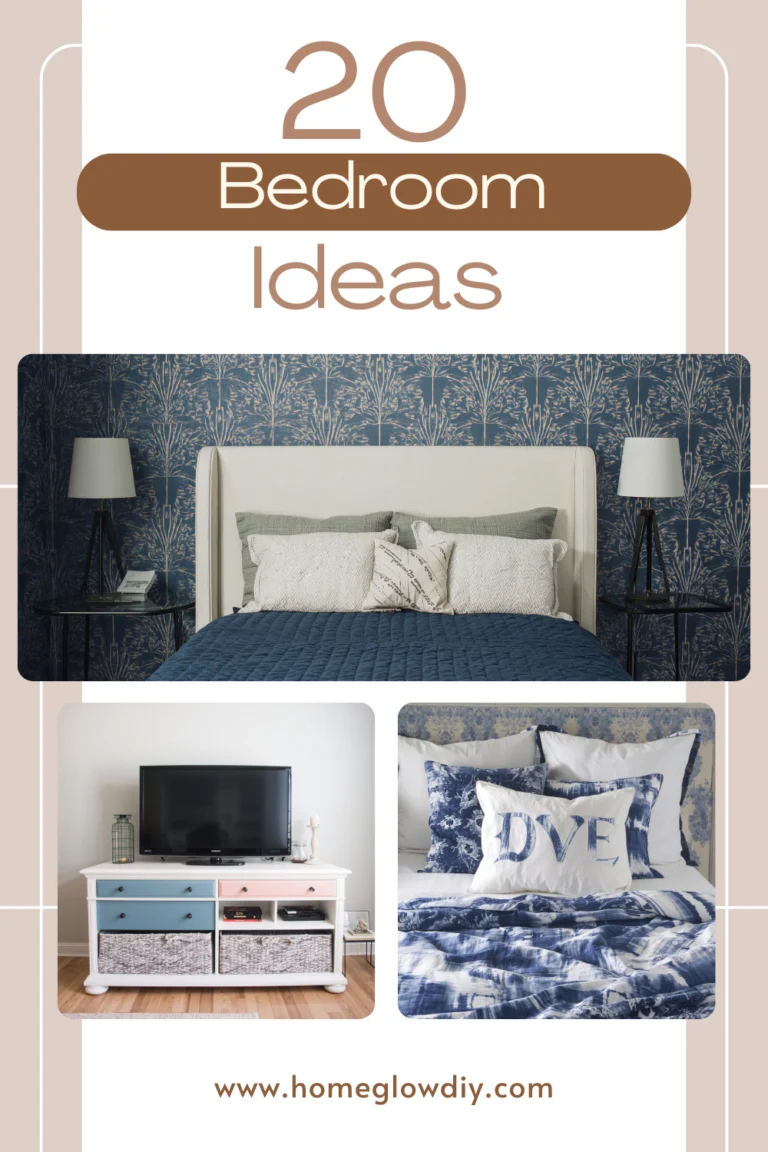 Collage of modern bedroom ideas featuring a blue accent wall with patterned wallpaper, cozy bed with layered pillows, stylish white TV console with storage baskets, and chic blue and white bedding for home decor inspiration.