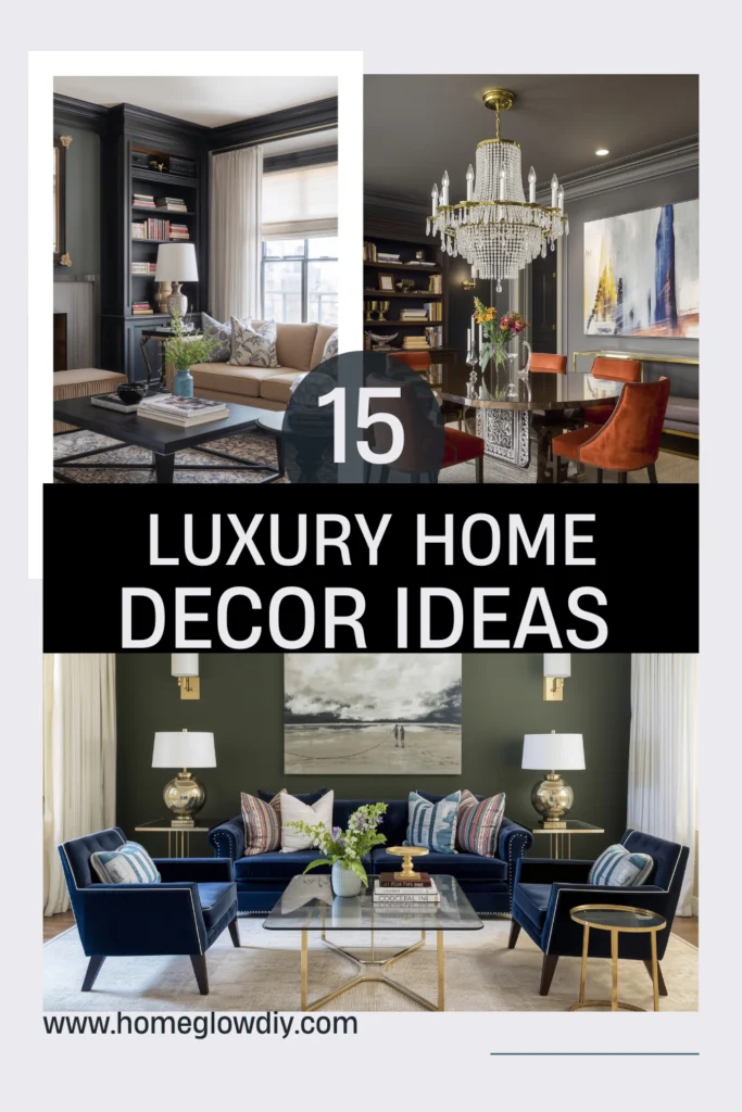 15 luxury home decor ideas featuring elegant living rooms, modern chandeliers, and stylish furniture to create a sophisticated home interior.