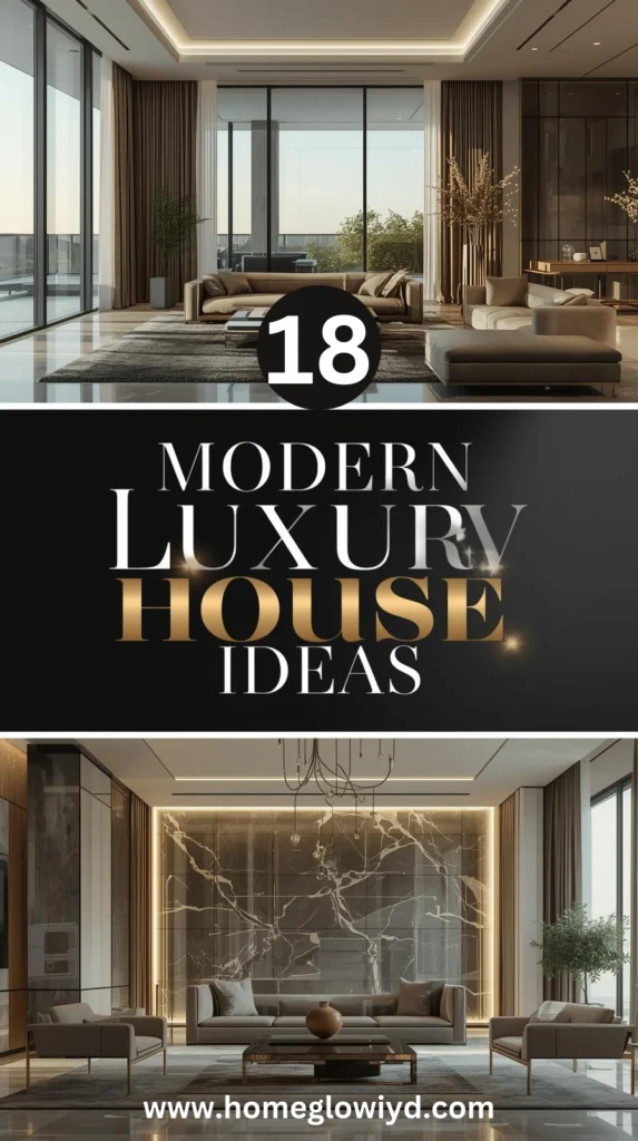 A modern luxury house living room with floor-to-ceiling windows, marble accents, and sleek minimalist furniture.