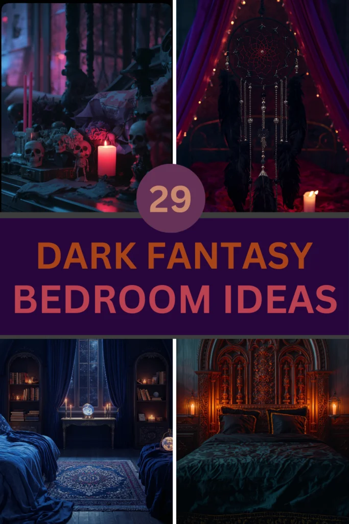 Dark fantasy bedroom with velvet bedding, gothic canopy bed, and candlelit ambiance