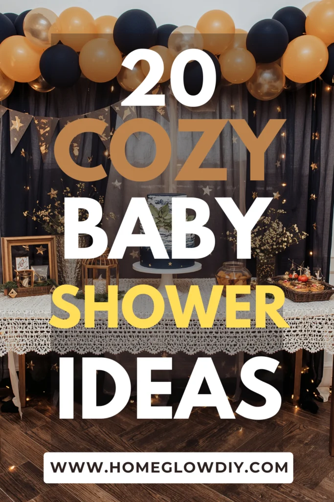 Cozy fall baby shower theme with rustic pumpkins, autumn leaves, and warm seasonal décor.