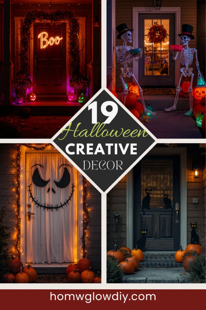 Creative Halloween door decor with pumpkins, spooky wreath, floating witch hats, and cozy lanterns on a festive fall porch.