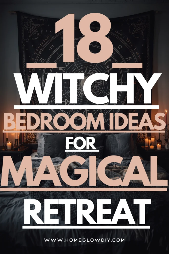Cozy witchy bedroom ideas with dark walls, moon phase decor, crystals, and glowing candles