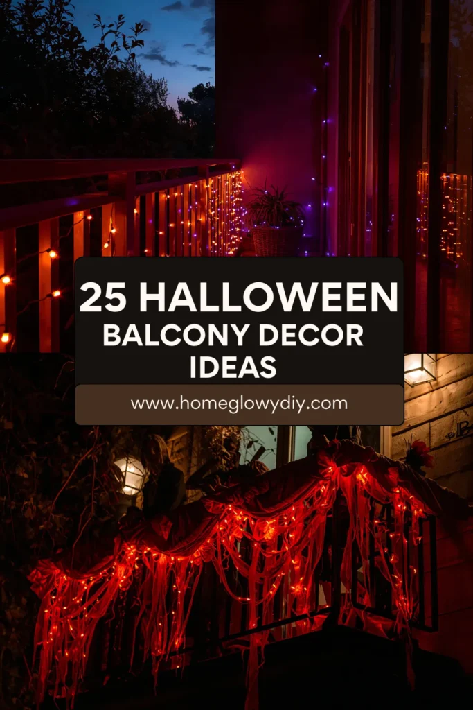 Halloween balcony decorated with pumpkins, lanterns, cobwebs, and spooky lights creating a cozy and festive atmosphere