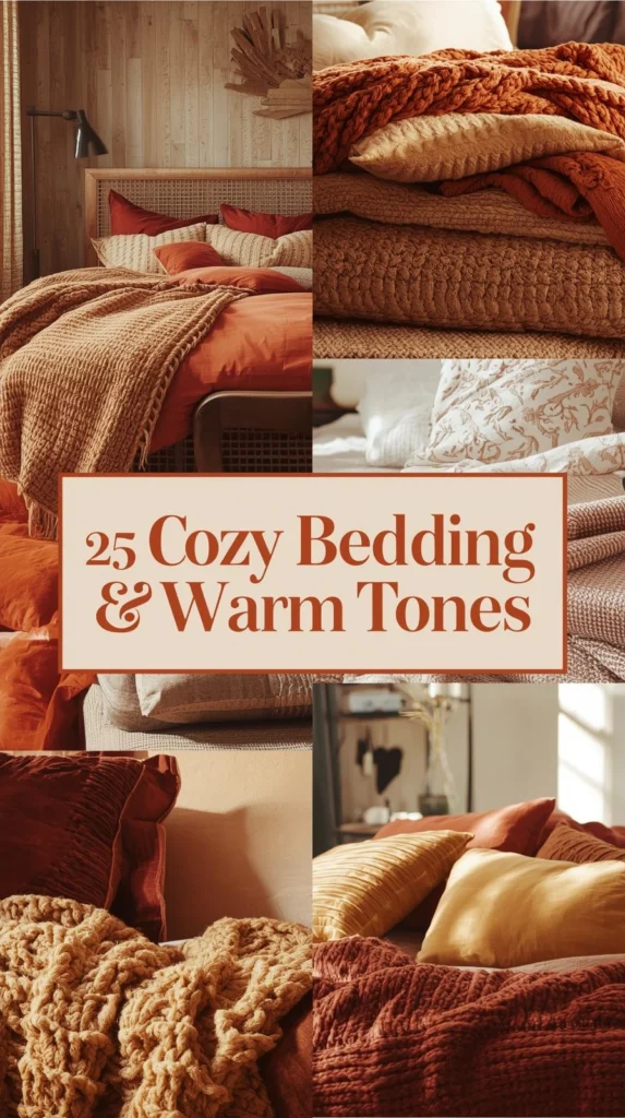Center bedroom styled with faux fur blankets, neutral pumpkin decorations, layered fall-themed rugs, and textured wall hangings, perfectly capturing warm fall bedroom makeover ideas for a cozy retreat