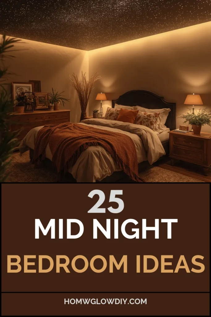 Dreamy midnight bedroom ideas with deep blue walls, velvet headboard, and soft ambient lighting