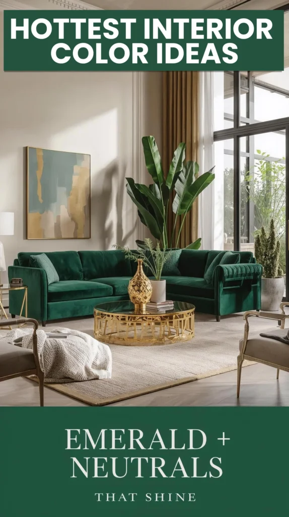 Modern living room styled with the hottest interior colors, featuring emerald green sofa, blush accents, and warm neutrals for a trendy home décor look.