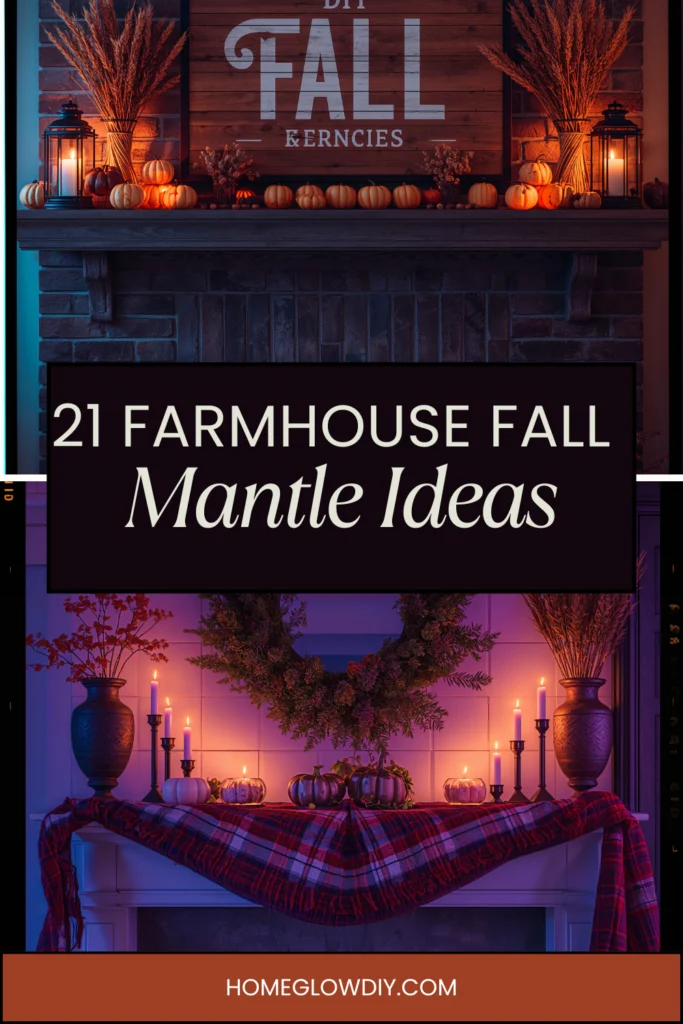 Cozy farmhouse fall mantel decorated with pumpkins, lanterns, and rustic garland