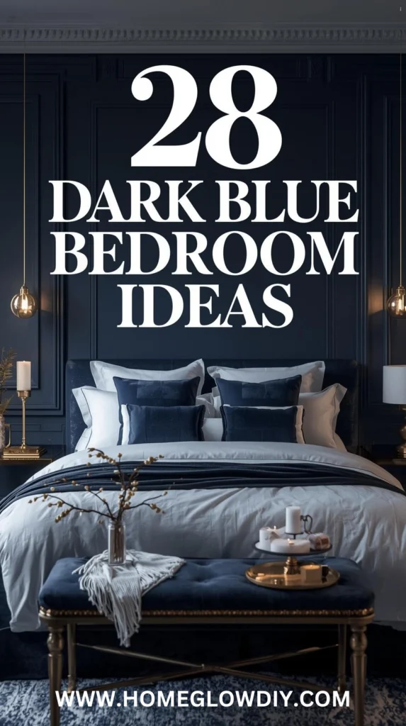 Dark blue bedroom ideas with a navy accent wall, gold accents, layered bedding, and warm lighting creating a cozy and elegant retreat.