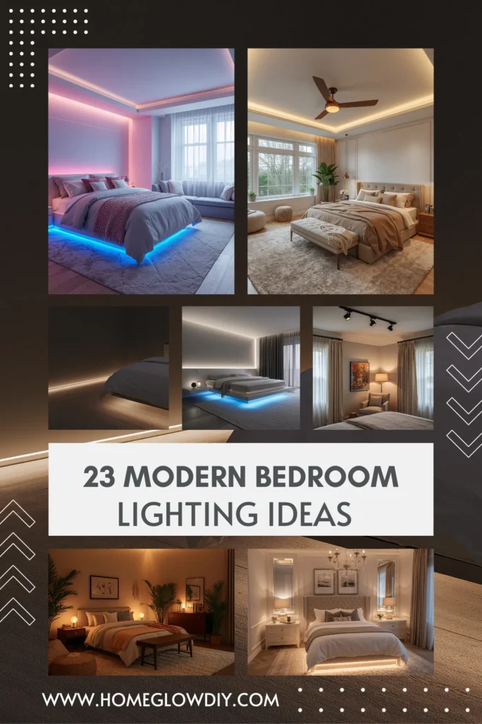 Modern bedroom lighting—chandelier, wall sconces, bedside lamps, and cozy ambient glow creating a stylish and relaxing space.