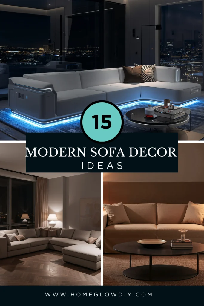 collage of 15 modern sofa decor ideas featuring sleek sectionals, minimalist couches, and stylish neutral-toned sofas for contemporary living rooms.
