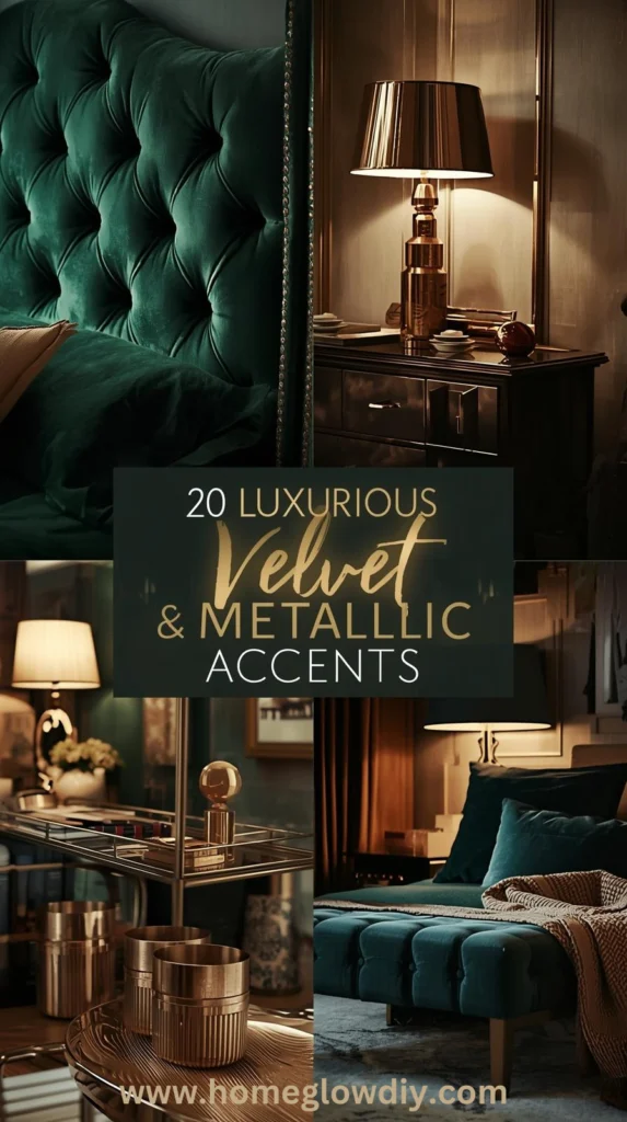 Elegant bedroom featuring emerald velvet headboard, gold accents, and layered lighting for a luxurious feel, perfect for chic bedroom ideas