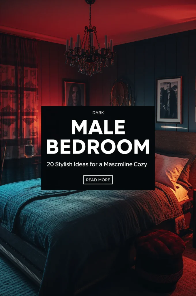 Stylish dark male bedroom ideas featuring deep matte walls, leather accents, warm amber lighting, and textured rugs for a cozy and masculine space.