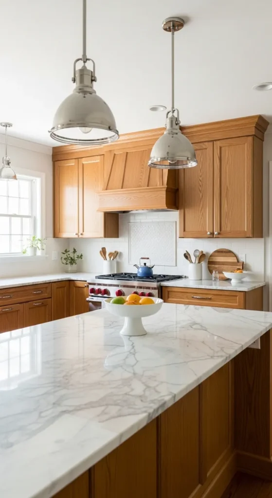 18 Oak Kitchen Cabinets with Marble Countertops That Wow