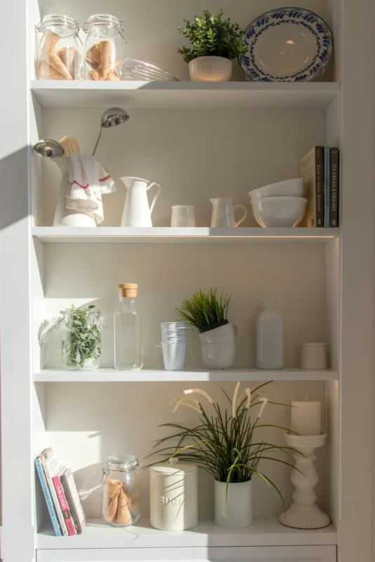 White built-in shelves styled with glass jars pitchers cookbooks and plants
