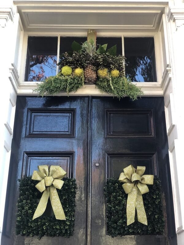 Fall wreath decor on front door, dollar store wreath makeover idea