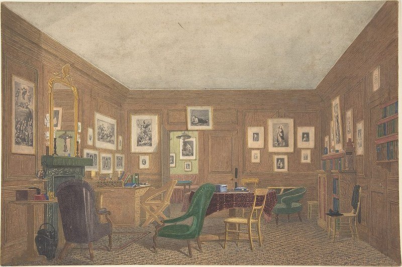 Framed prints on wall in study, dollar store framed fabric art idea