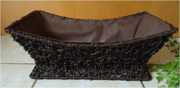 Dark woven seagrass basket, dollar store basket storage decor idea