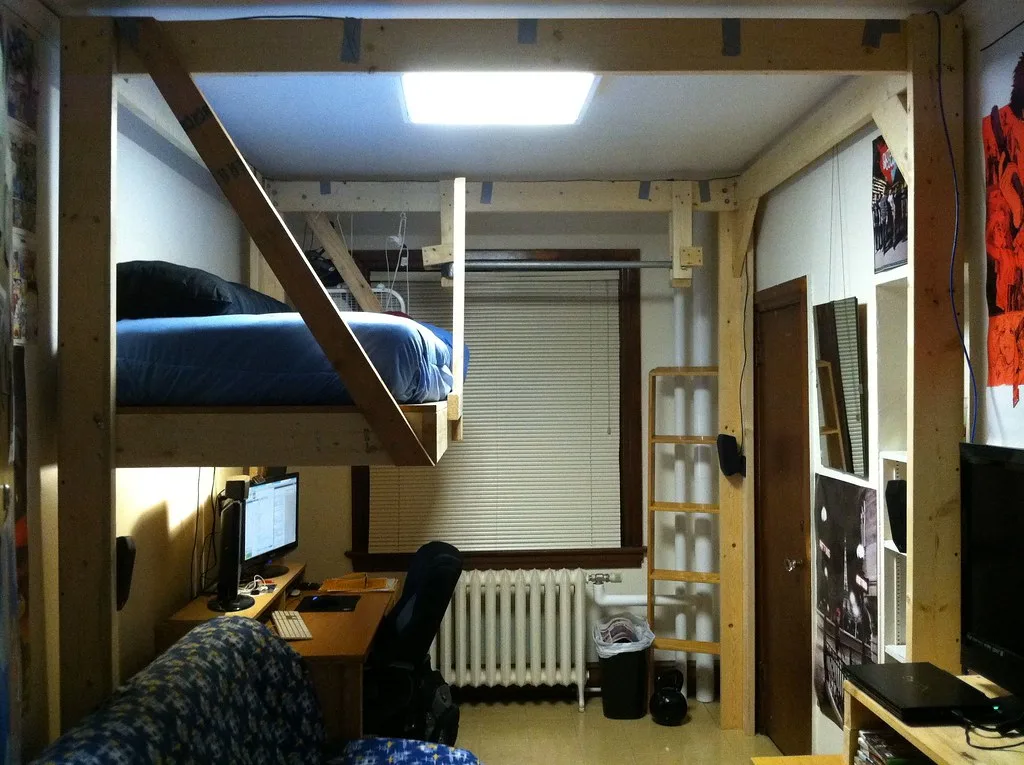 DIY lofted dorm bed with desk underneath