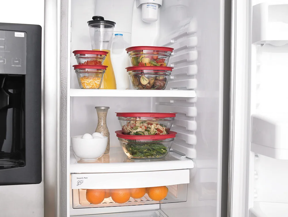 Neatly organized refrigerator with glass containers