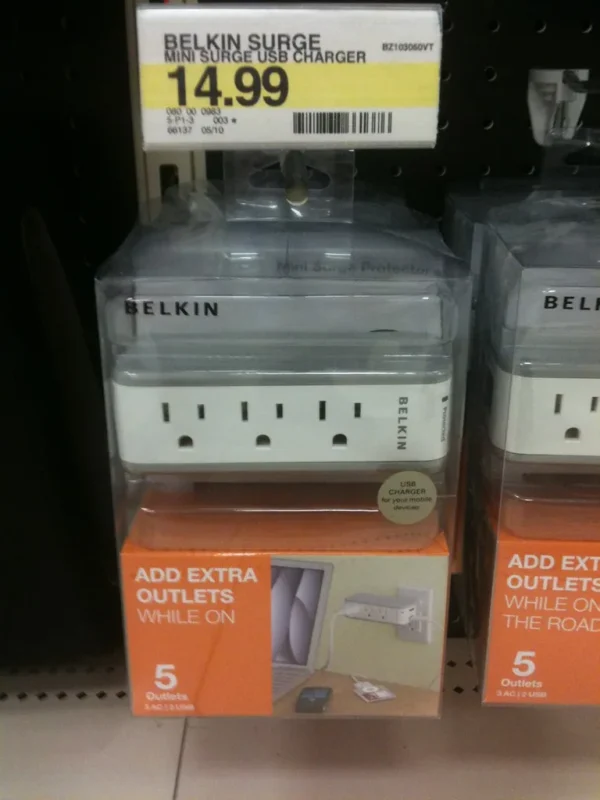 Surge protector with USB ports in retail packaging