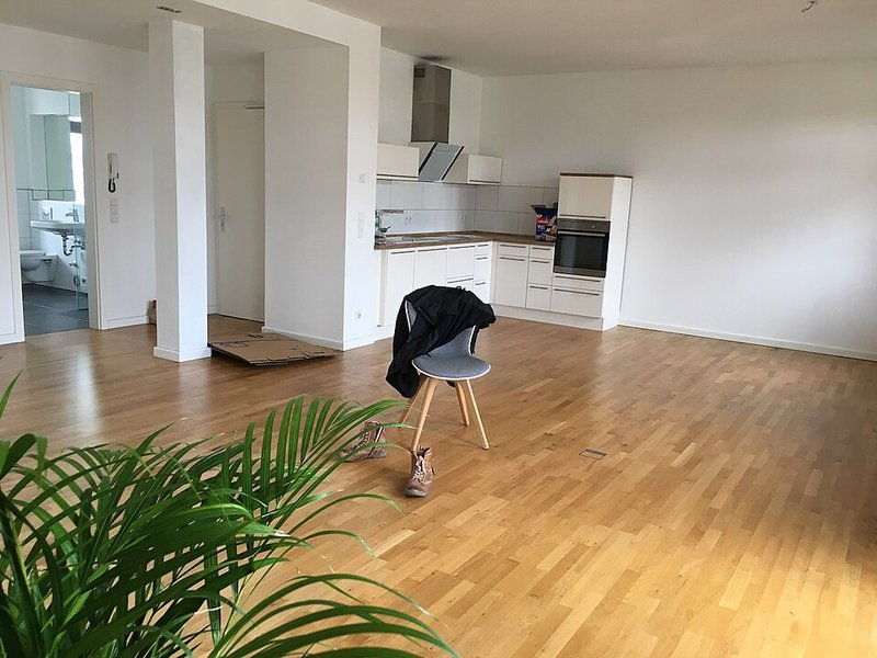 Small apartment kitchen with fitted cabinets, a simple space ready for a budget refresh