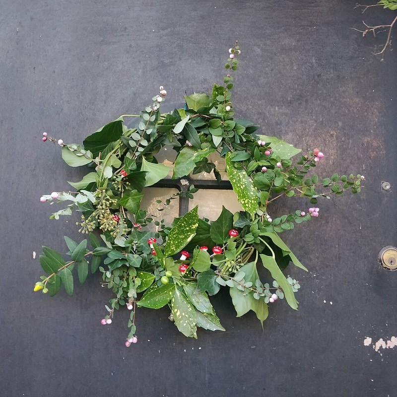 Christmas wreath with red berries hanging on a front door