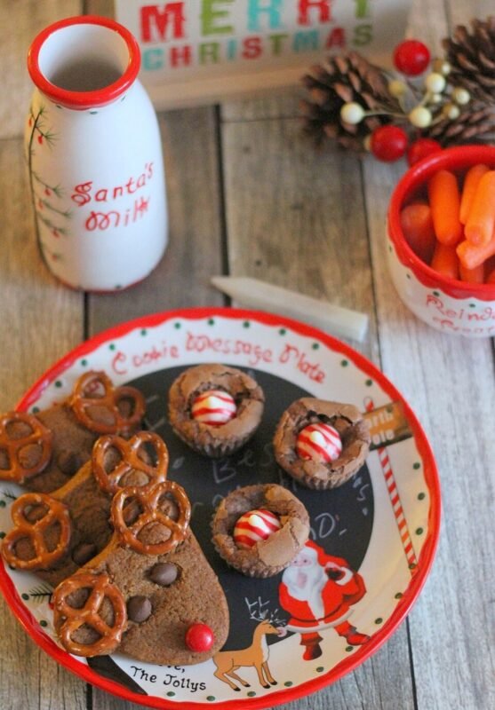 Santa cookie plate with reindeer cookies and milk for Christmas treats