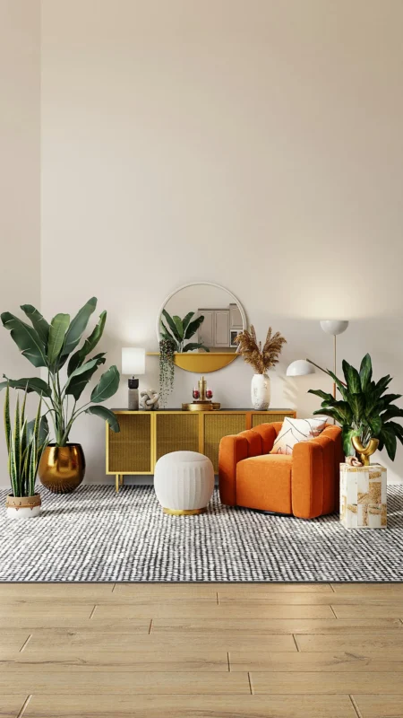 Large round mirror above a console table brightening a living room corner