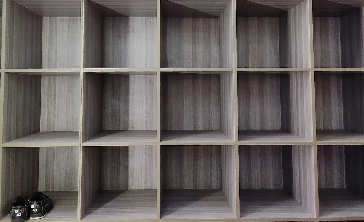 Wooden cube organizer with cubbies for shoes and entryway items