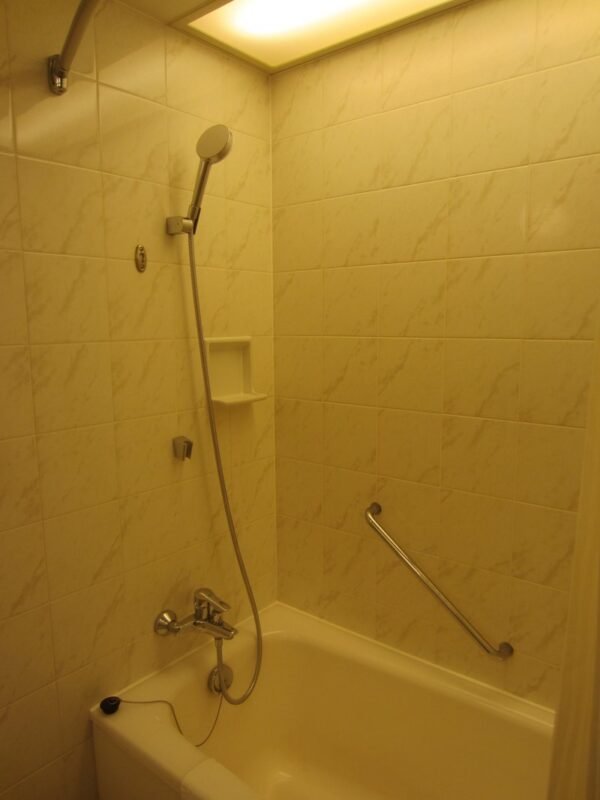 Small bathroom with combined bathtub and shower in one footprint