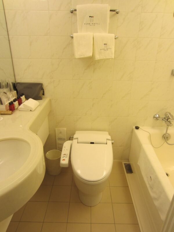 Compact toilet and bathtub fitted into a narrow small bathroom