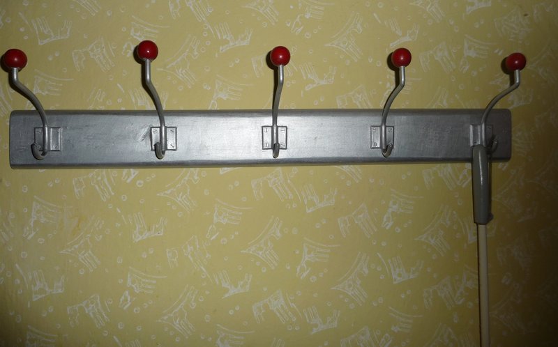 Row of wall-mounted coat hooks for entryway storage in a small home