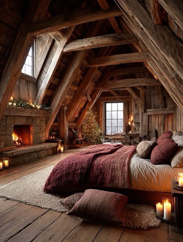 Cozy attic bedroom with stone fireplace and candles, a calm space to build confidence to downsize your life