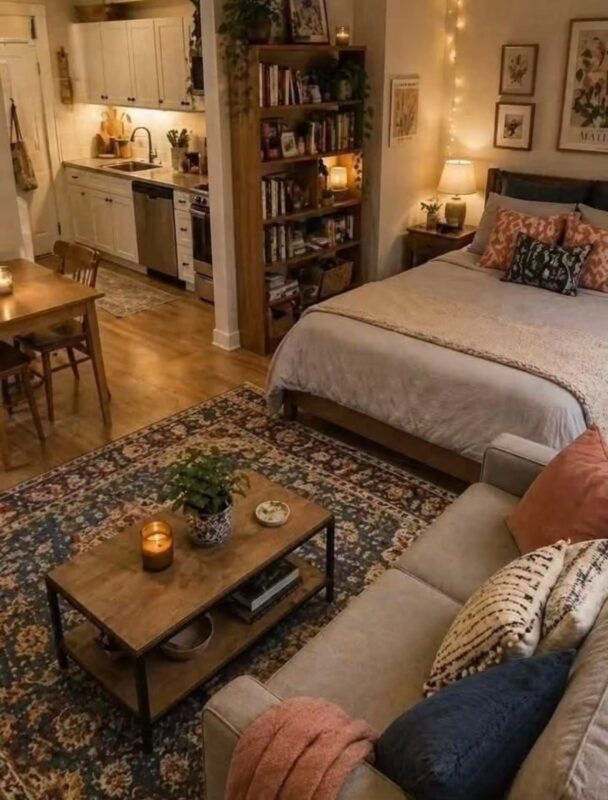 Warm studio apartment with bed, kitchen and living area in one open space with fairy lights