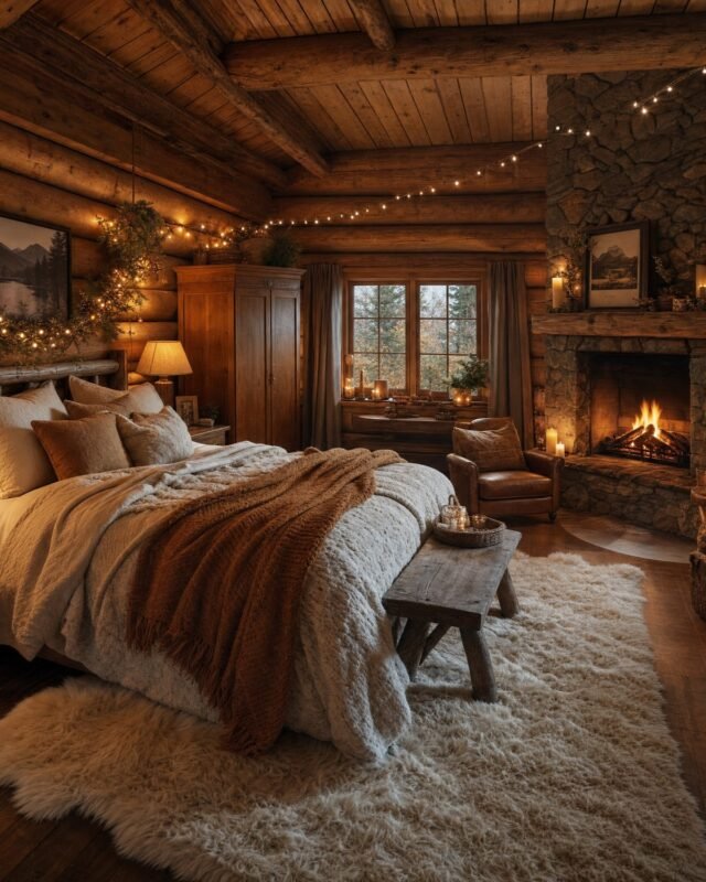 Warm log cabin bedroom with stone fireplace, string lights and layered bedding