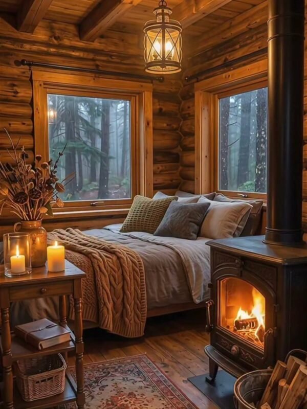 Cozy log cabin reading nook with wood stove, candles and misty forest view