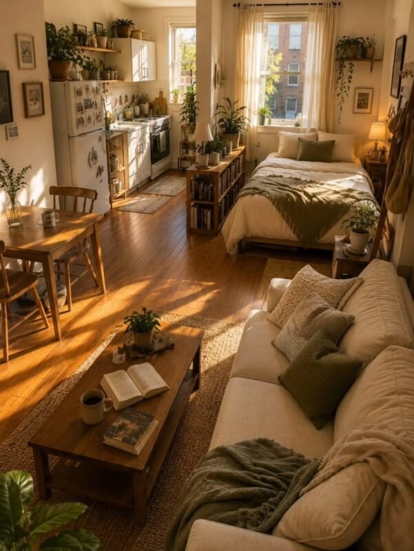 Sunlit decluttered small studio apartment living space that calms the mind