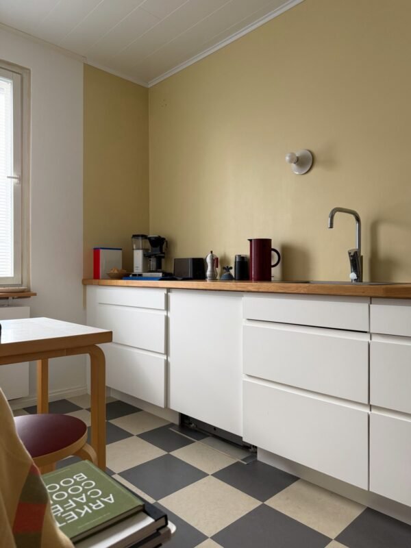 Clean uncluttered small kitchen with clear countertops and simple storage