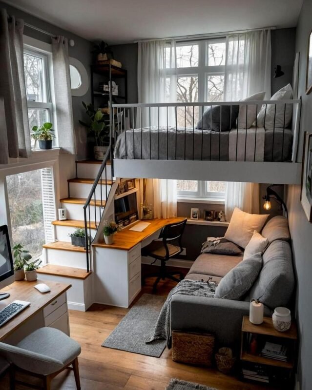 Bright airy tiny house interior with open flow between living zones