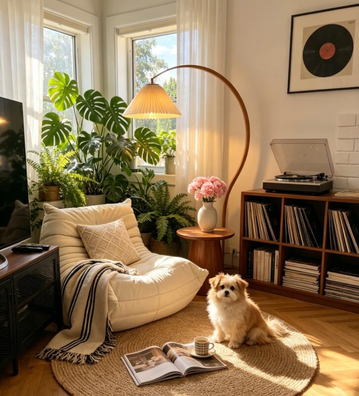 Calm morning light corner with armchair and plants for a peaceful tiny living start
