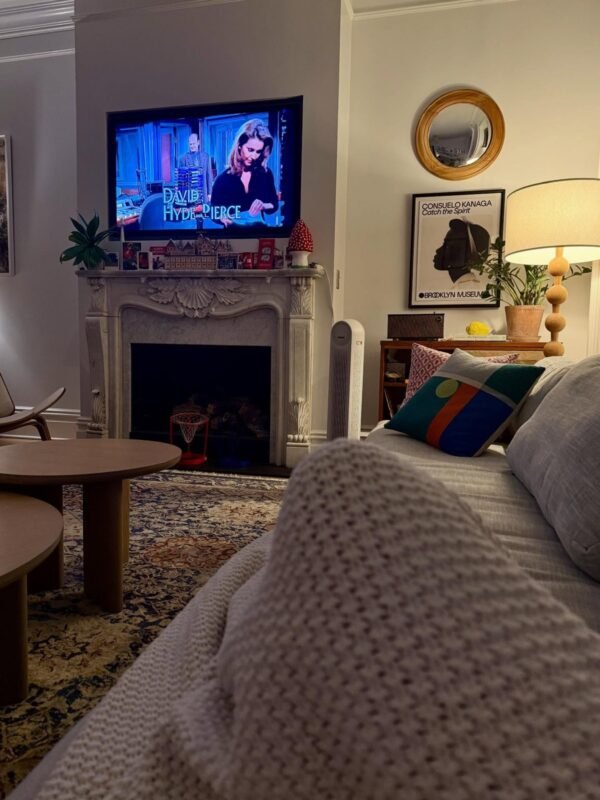 Tidy living room with fireplace and sofa where every surface has a job