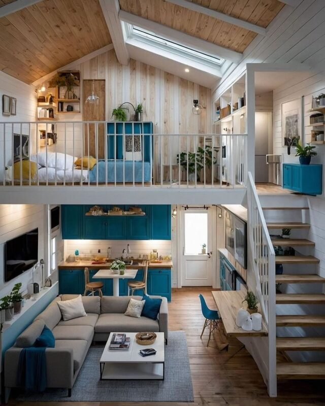 Two-level tiny house interior with teal kitchen and sleeping loft, efficient small space design
