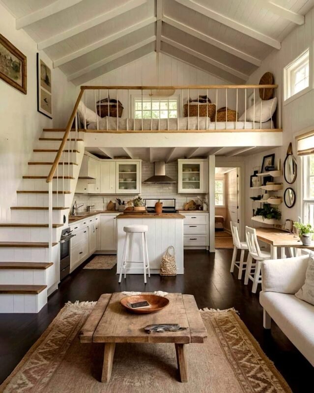 Bright white tiny house with open sleeping loft and natural light, airy small home