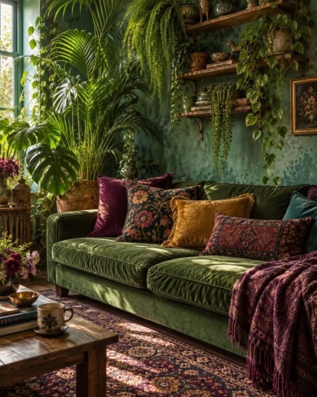 Lush indoor jungle living room with green velvet sofa and hanging plants, biophilic tiny living
