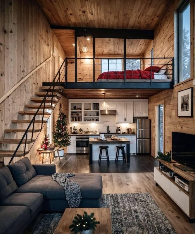 Two-story tiny home interior with loft bedroom, open kitchen, and living area