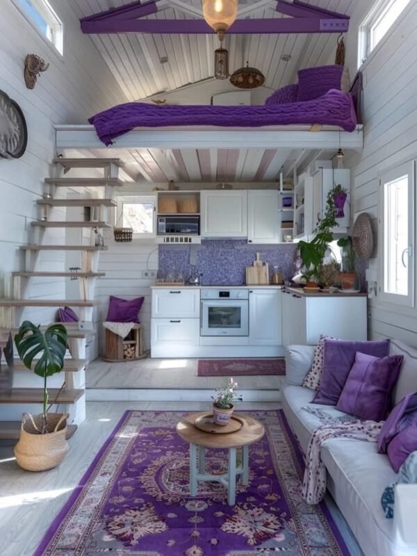 Tiny home living area with loft bed above, white kitchen, and purple accents