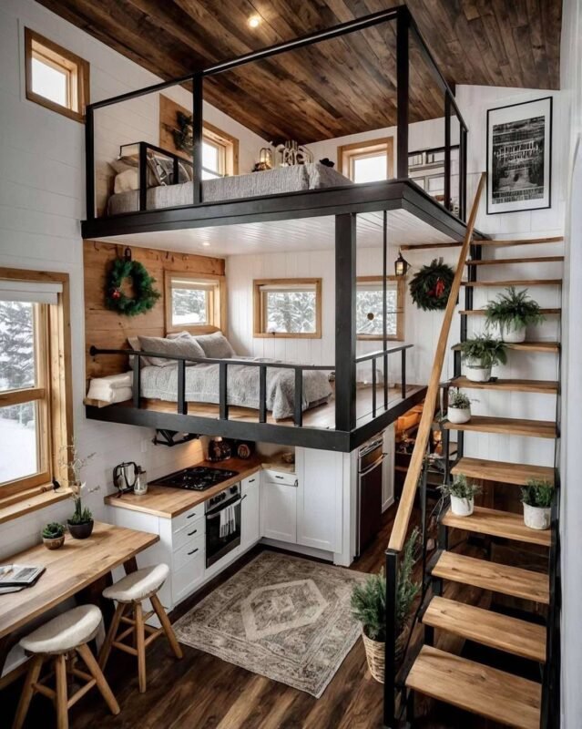 Tiny house interior with two sleeping lofts above a compact kitchen