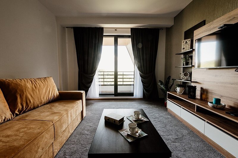 Compact tan sofa proportioned to fit a small apartment living room